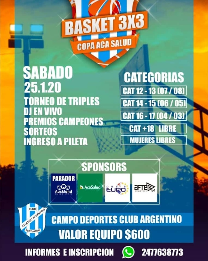 Vení a jugar este sábado 25/1 al "Torneo de Básquet 3x3 🏀" en nuestro Campo de Deportes.

Habrá sorteos, premios, DJ en vivo, mucha buena onda. También podrás participar del torneo de triples e ingresar a la pileta. 
No te quedes afuera. Anotate¡!