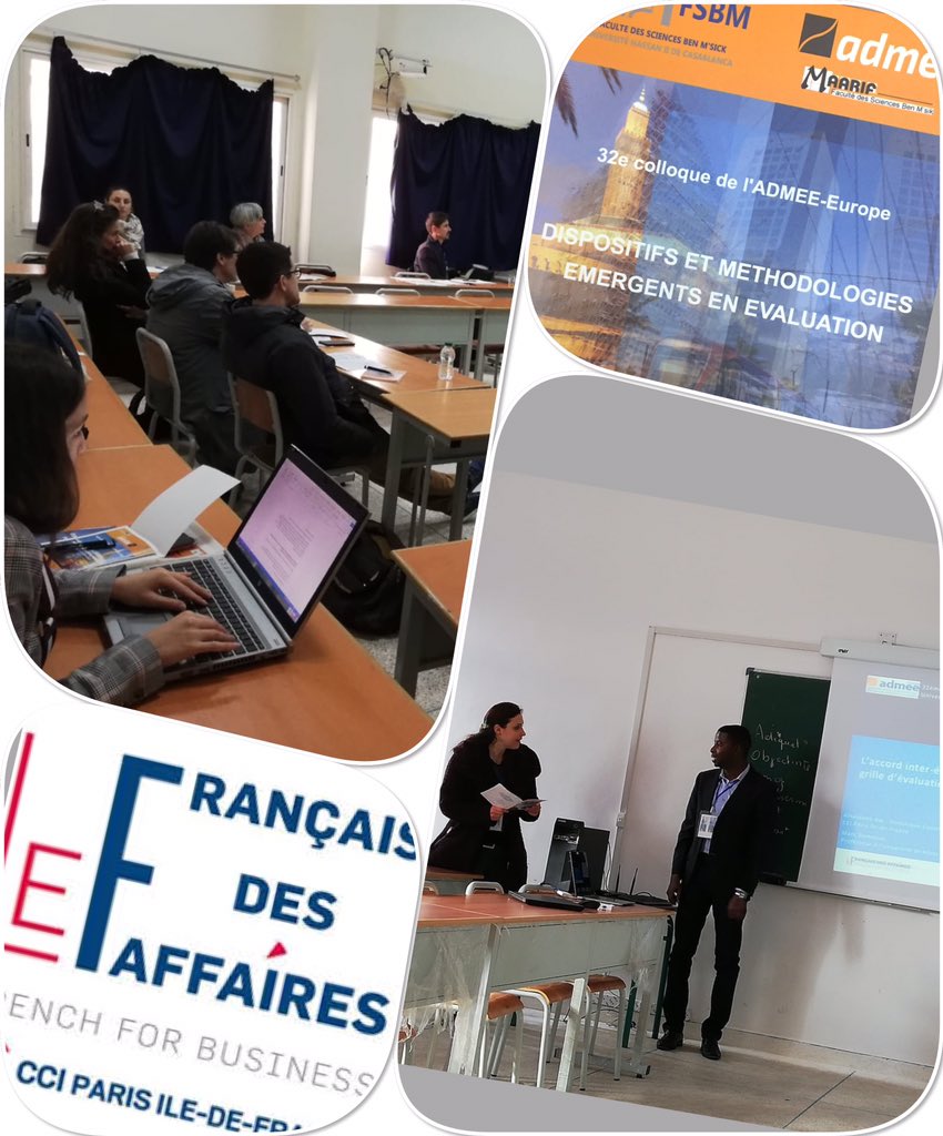 alassaw's tweet photo. [32ème colloque de l’Admee-Europe à Casablanca]
Notre intervention portait sur le thème : «L’accord inter-invaluateurs dépend-il de la grille d’évaluation utilisée ? »
@CCI_Paris_IdF @FrAffaires @dcasanovaCCI @AdmeeEurope  #TEF #DFP  #FrancaisPro #Fsbm https://t.co/rX9ayPtYyP