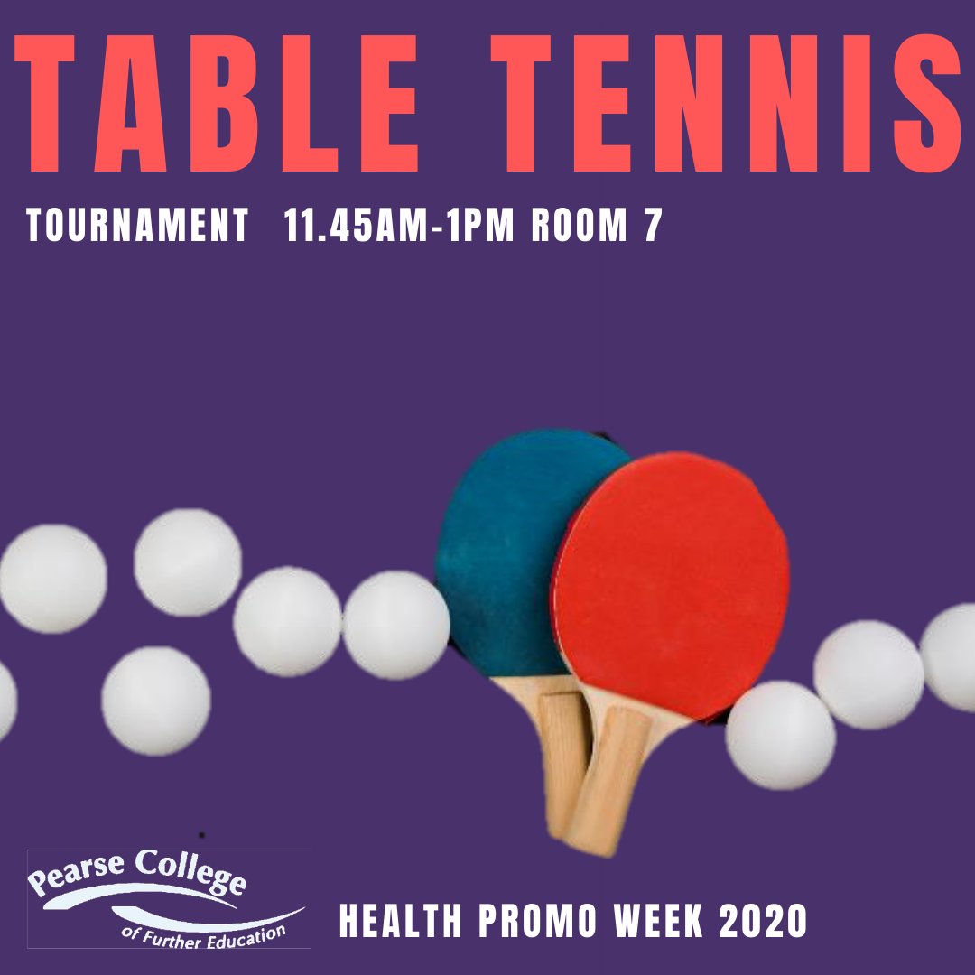 PearseCollege's tweet photo. Anyone for tennis? TABLE TENNIS, that is? Play some Ping Pong, win some #PRIZES from 11.45am in Room 7. #tabletennis #pearsecollege #pearsehealthpromoweek #ChoosePearse #theCollegethatCares #CDETB #thisisFET #tabletennistournament #studentlife #moveit #gameon #crumlin https://t.co/nxxyH2nUli