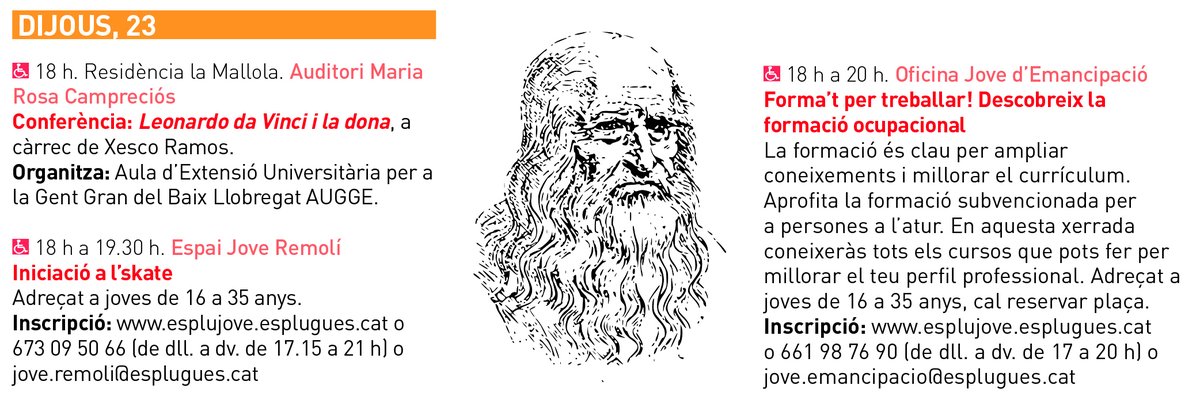 ajesplugues's tweet photo. 📌 Avui, a l'Agenda d'#Esplugues:
👉 Conferència: 'Leonardo da Vinci i la dona', a càrrec de Xesco Ramos. #AUGGE
👉 Xerrada: 'Forma't per treballar! Descobreix la formació ocupacional.
👉 Iniciació a l'skate.
➕ informació ⬇️⬇️⬇️ https://t.co/iMQ69UGprc
