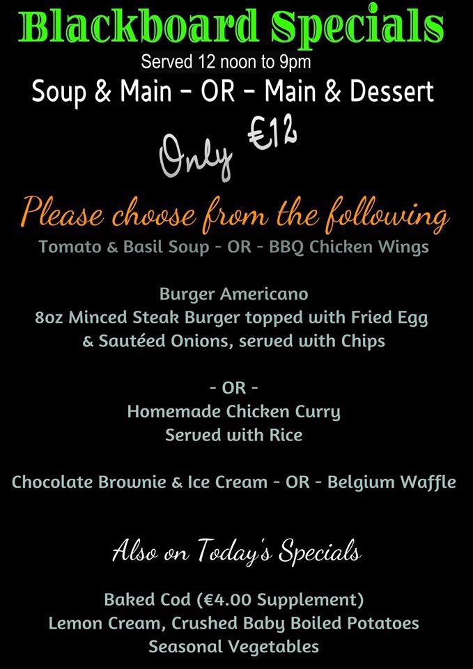 #LouthChat #m1skillnet 

Thursday's Blackboard Specials 
Two Courses for €12.00

Beachfront B&amp;B Bar and Bistro bookings reddansbar@gmail.com