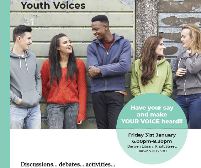 TPJBFoundation's tweet photo. Live in Darwen? Aged 11 - 16 ? Come along to the Youth Voices event, Darwen Library, Knott Street, next Friday, 31st Jan, starts 6 pm.  Have your say on the issues that matter !  Fun activities and discussion. #OurCommunityOurFuture / @blackburndarwen @BRFCTrust @BlackburnScouts https://t.co/euMrv6GcRj