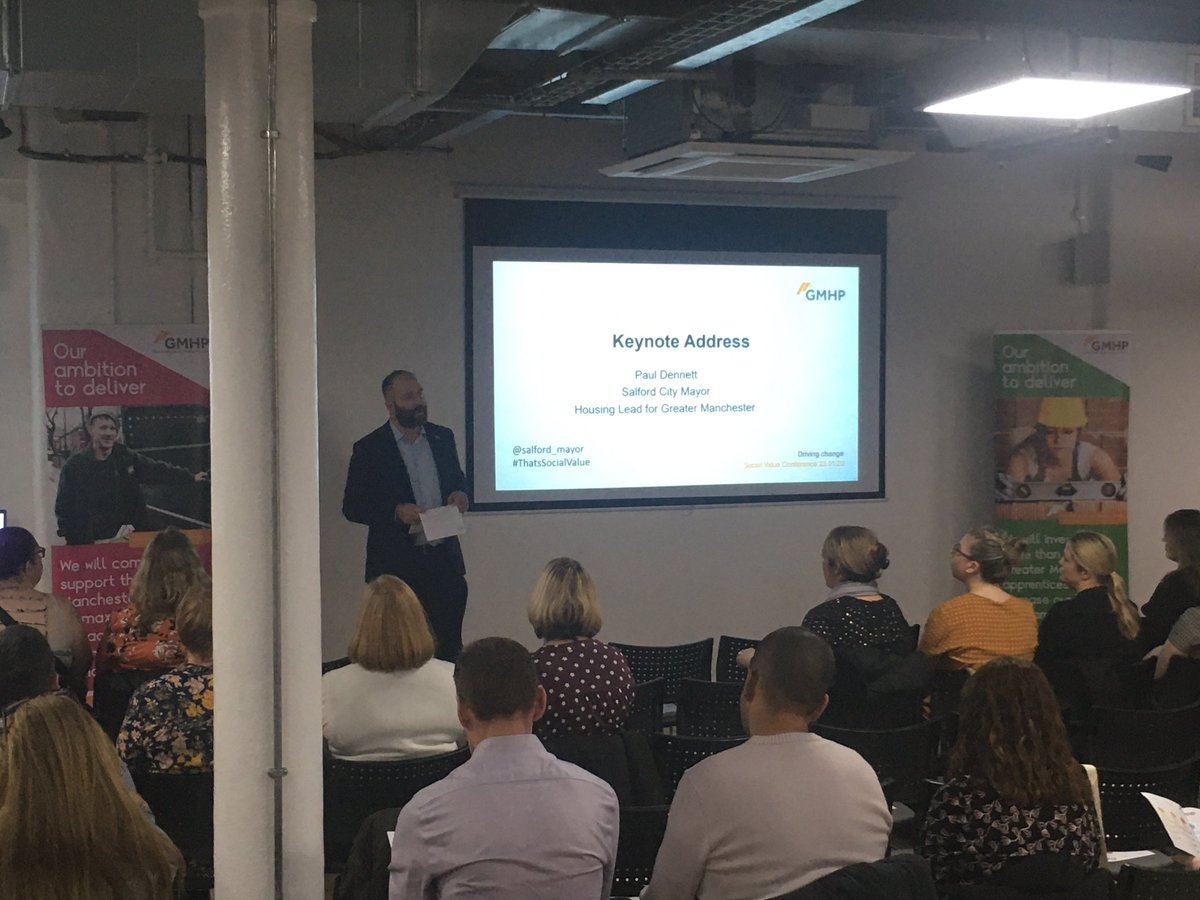 atkin_r's tweet photo. ‘Putting social value into tender requirements isn’t everything, prioritising it in contract management is what really makes the difference’ Paul Dennet, Salford City Mayor at GMHP social value conference. #ThatsSocialValue https://t.co/DiHEWUNTp0