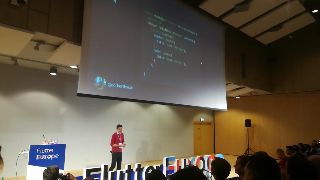 martinjeret's tweet photo. First Talk @FlutterEurope @norbertkozsir Talking about widgets renderobjects and elements #widgetmaker @codemagicio https://t.co/CG6lkzsdwl