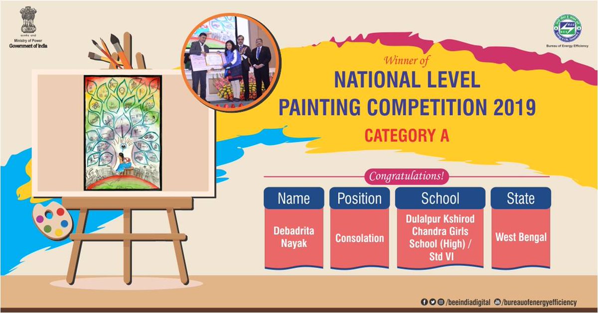 beeindiadigital's tweet photo. Debadrita Nayak, Std. VI from the Dulalpur Kshirod Chandra Girls School (High), West Bengal was awarded the Consolation Prize in the ‘A’ category of the #NationalLevelPaintingCompetition2019.
Bureau of Energy Efficiency congratulates all the winners. #ECDay2019 https://t.co/1DZkuuQCOz