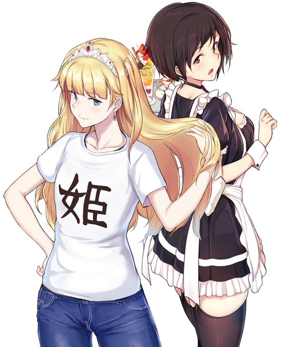 逆異世界転生ワガママ系お姫さまが居候先の女の子と一緒にメイド喫茶で働くことになる物語が始まりそうな絵でオリジナル練習です 