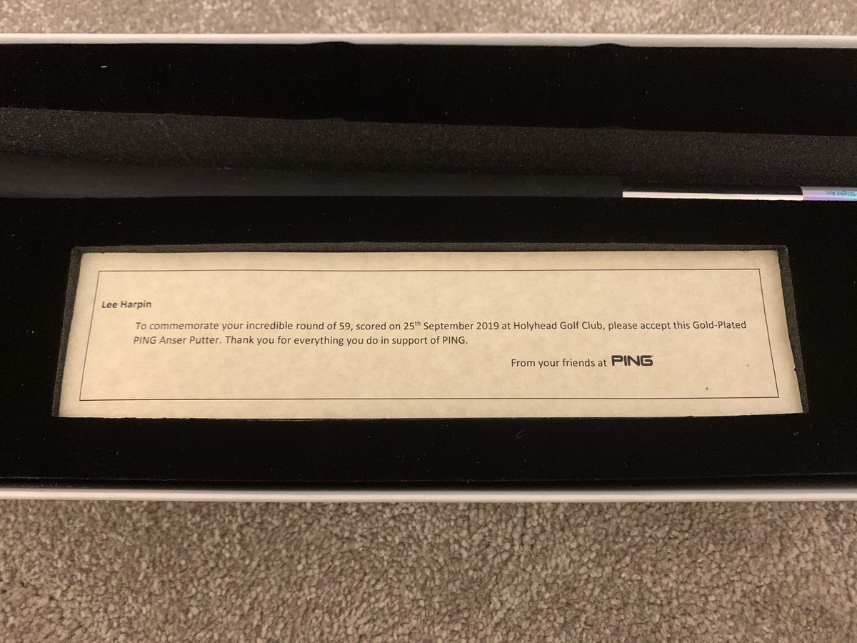 Absolutely made up to receive this gold plated putter from <a href="/PINGTourEurope/">PING Golf Europe</a> for my 12 under par 59 <a href="/HolyheadGC/">Holyhead Golf Club</a>. 
A nice touch from a quality company. 
They normally only make these for Ping staff players who win on the European &amp; PGA Tours 
<a href="/davidfping/">David Fernyhough</a> <a href="/PingTour/">PING GOLF</a>