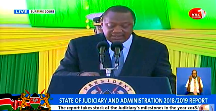 KBCChannel1's tweet photo. State of the Judiciary: President Kenyatta challenges the courts to stop giving frequent injunctions. #KBCLunchTime ^KM https://t.co/ZNYVv3Efs2