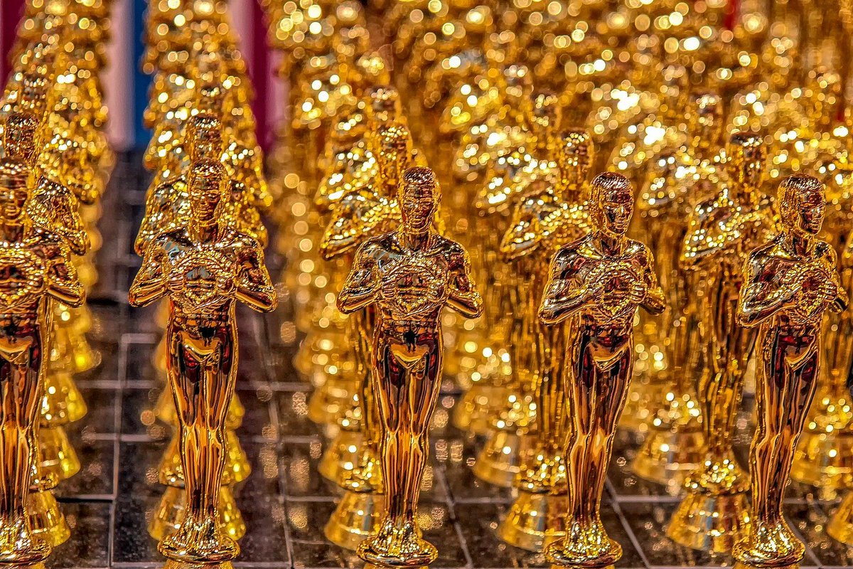 A row of oscars like statues. Many believe that subtitled film 'Parasite' will win an Oscar following weeks of awards glory.