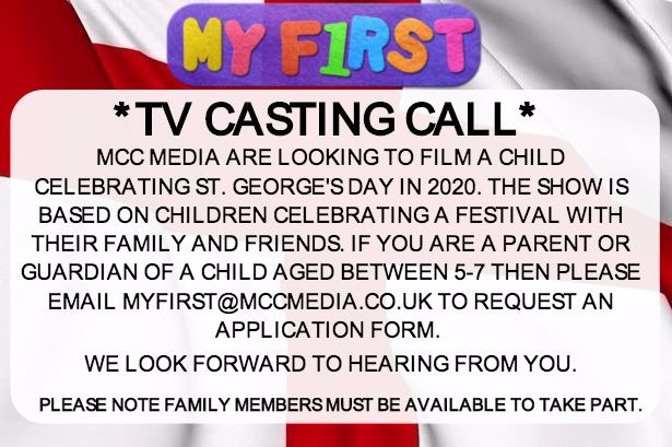 MCCMediaTV's tweet photo. We are looking for a child between 5-7 years of age to appear in a show celebrating #StGeorgesDay - will you be celebrating? Do you and your child want to appear on #TV ? Apply now myfirst@mccmedia.co.uk #castingcall #casting #cbeebies #television https://t.co/WKdybJ1gHV