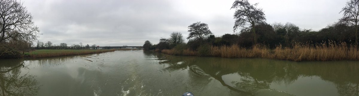 Ang_WaterwaysEA's tweet photo. #OutOnPatrol Checking for obstructions following the high flows downstream of #OffordLock today. The first time under the new A14 viaduct with traffic moving above. Hope to get as far down as #HemingfordLock today where our contractors are setting up for our winter overhaul. https://t.co/kJbJwtmspQ