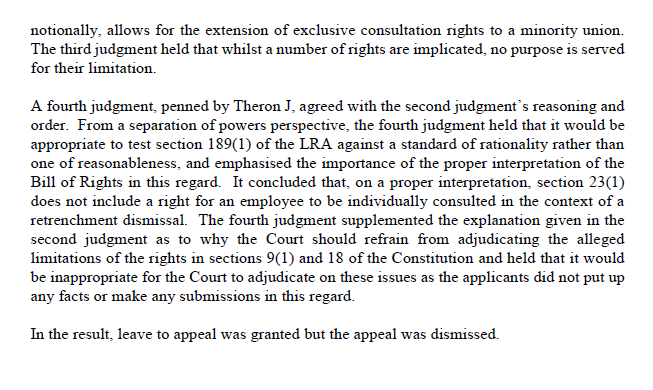 ConCourtSA's tweet photo. Judgment: The hierarchy during the retrenchment consultation process set out in section 189(1) of the Labour Relations Act does not limit the constitutional right to fair labour practices and is therefore constitutionally valid. (AMCU v Royal Bafokeng Platinum Limited) https://t.co/WrWHiw8Spq