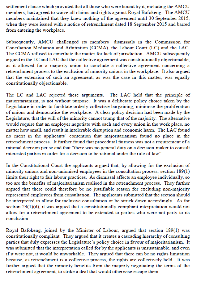 ConCourtSA's tweet photo. Judgment: The hierarchy during the retrenchment consultation process set out in section 189(1) of the Labour Relations Act does not limit the constitutional right to fair labour practices and is therefore constitutionally valid. (AMCU v Royal Bafokeng Platinum Limited) https://t.co/WrWHiw8Spq