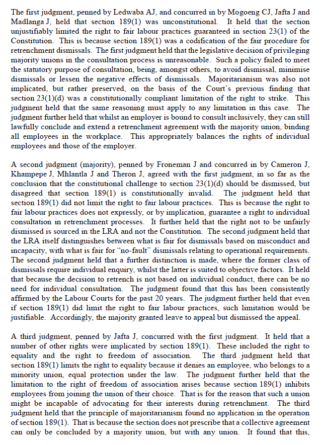 ConCourtSA's tweet photo. Judgment: The hierarchy during the retrenchment consultation process set out in section 189(1) of the Labour Relations Act does not limit the constitutional right to fair labour practices and is therefore constitutionally valid. (AMCU v Royal Bafokeng Platinum Limited) https://t.co/WrWHiw8Spq