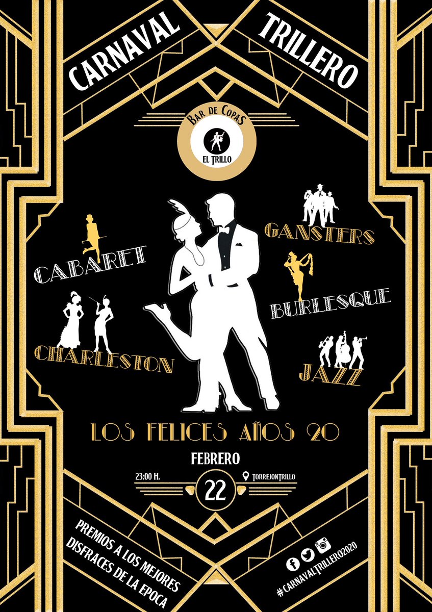 RLcomunicacion's tweet photo. 🎭 | Cartel Oficial del #CarnavalTrillero2020 de @ElTrilloCopas cuya temática el próximo 22 de febrero estará basada en #LosFelicesAños20 americanos. Un trabajo de #RLcomunicacion https://t.co/csrEnCVurr