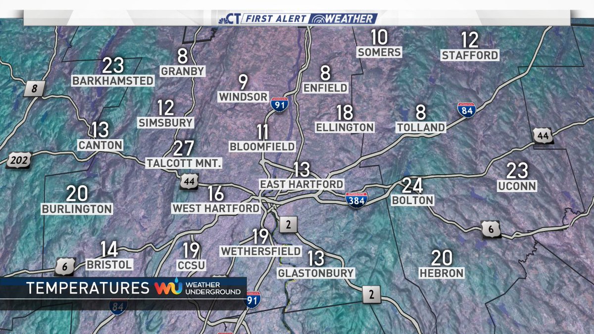 bobmaxon's tweet photo. Clear, calm, and chilly weather this morning. But as the chill retreats to Canada, the hilltops are WAY MILDER than the valleys. Our exclusive @wunderground stations show this clearly. #onestation #topography #NBCCT https://t.co/tOkgY0318j