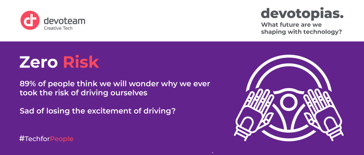 Devoteam's tweet photo. [ #DEVOTOPIAS ]  Are you ready to trade security and comfort for less freedom and much less fun, removing the excitement of driving ? Seems to be our future according to our prospective survey. Read more ⏩https://t.co/afKx9VQZcm
#nextdecade #2020 #TechForPeople #Devoteam #people https://t.co/kP5tOTQhXI