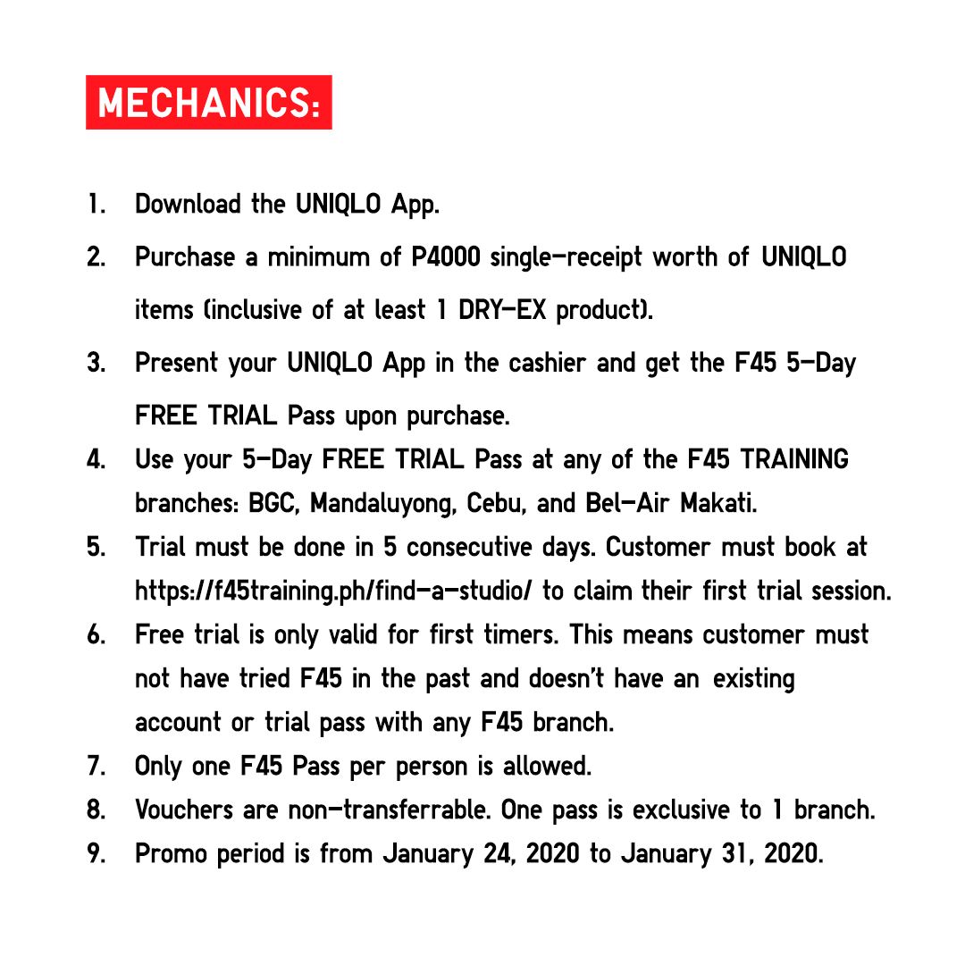 UNIQLOPH's tweet photo. Set your life in motion this 2020! Get a 5-Day FREE PASS at F45 when you purchase a minimum of Php 4,000 single – receipt worth of items including 1 DRY-EX product.
#SetYourLifeInMotion
#SportUtilityWear https://t.co/jdmXezzktI