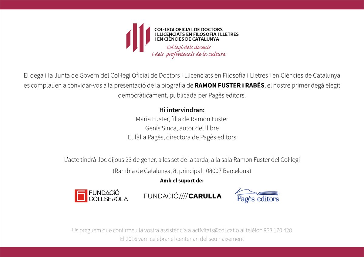 FCollserola's tweet photo. Aquest vespre es presenta a les 19h al @cdlcat la biografia que @GenisSinca ha escrit sobre Ramon Fuster i Rabés, un dels pedagogs més importants del segle XX i fundador de l'escola Tagore, actual @EscolaRFuster #EduquemAmbTu https://t.co/rPgnfp5snl