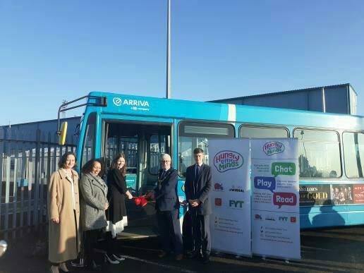 FoundationTrust's tweet photo. Here's our National Director Anna-Louise, @wirralcouncil @michelledonelan and Cllr Tony Smith cutting the ribbon for our #hungrylittleminds campaign launch at @TranmereRovers - next time you step on a bus in the Wirral LOOK UP and you may see one of our ceiling takeovers!… https://t.co/tjN0I4ctdo