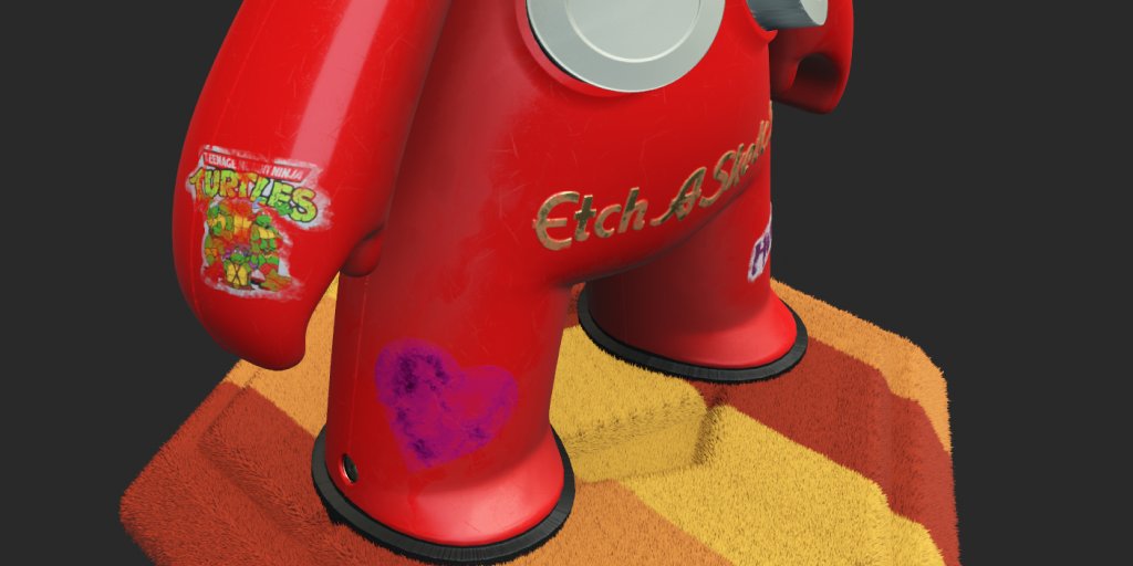 mackinetic's tweet image. Almost finished with the #MeetMat2 challenge. Workd on some retro stickers and the Etch-a-Sketch logo as well as making a start on the 1970’s style rug.

#createwithsubstance #substancepainter #gameart #madewithsubstance #digitalart #cgi  #graphicdesign #toyart #3D #WIP