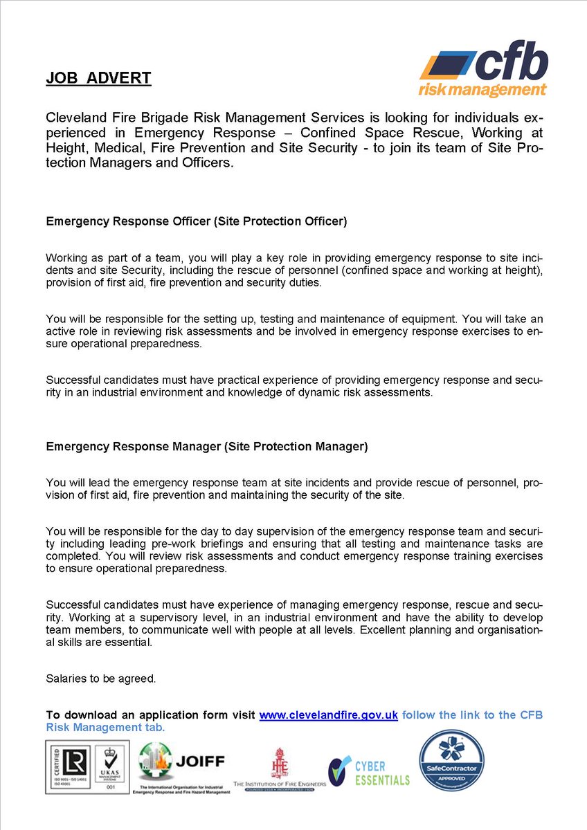 Cleveland Fire Brigade Risk Management are posing an expression of interest in the following job positions; Emergency Response Officer and Emergency Response Manager. Please see Job Advertisement attached. #hartlepool #northeast #emergencyresponse #jobadvert #siteprotection
