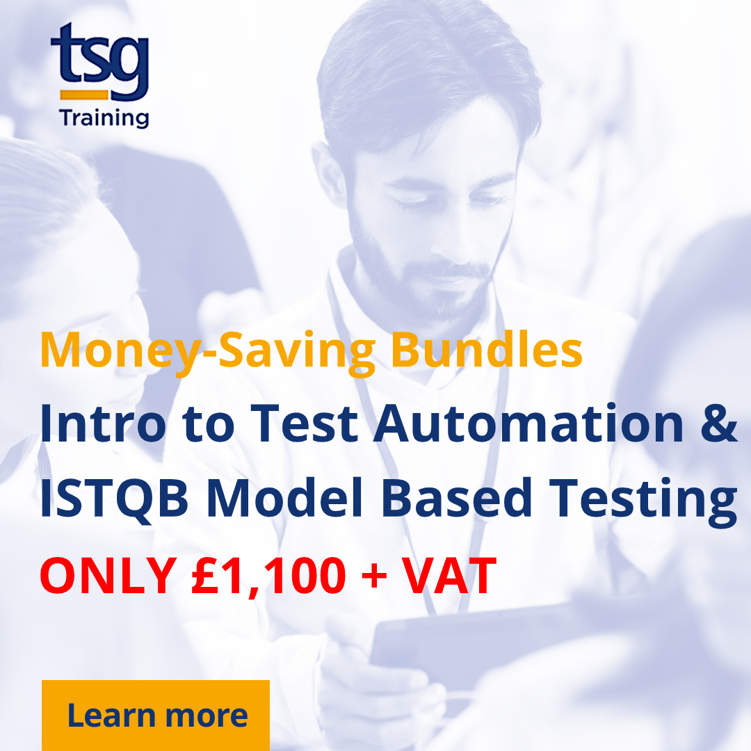 TrainingTsg's tweet image. Save Money on this big course bundle -  Intro to Test Automation &amp;amp; ISTQB Model Based Testing Only £1,100 = VAT bit.ly/2QuoGlQ #specialoffer #coursebundles #istqb #bcs #testautomation #modelbasedtesting