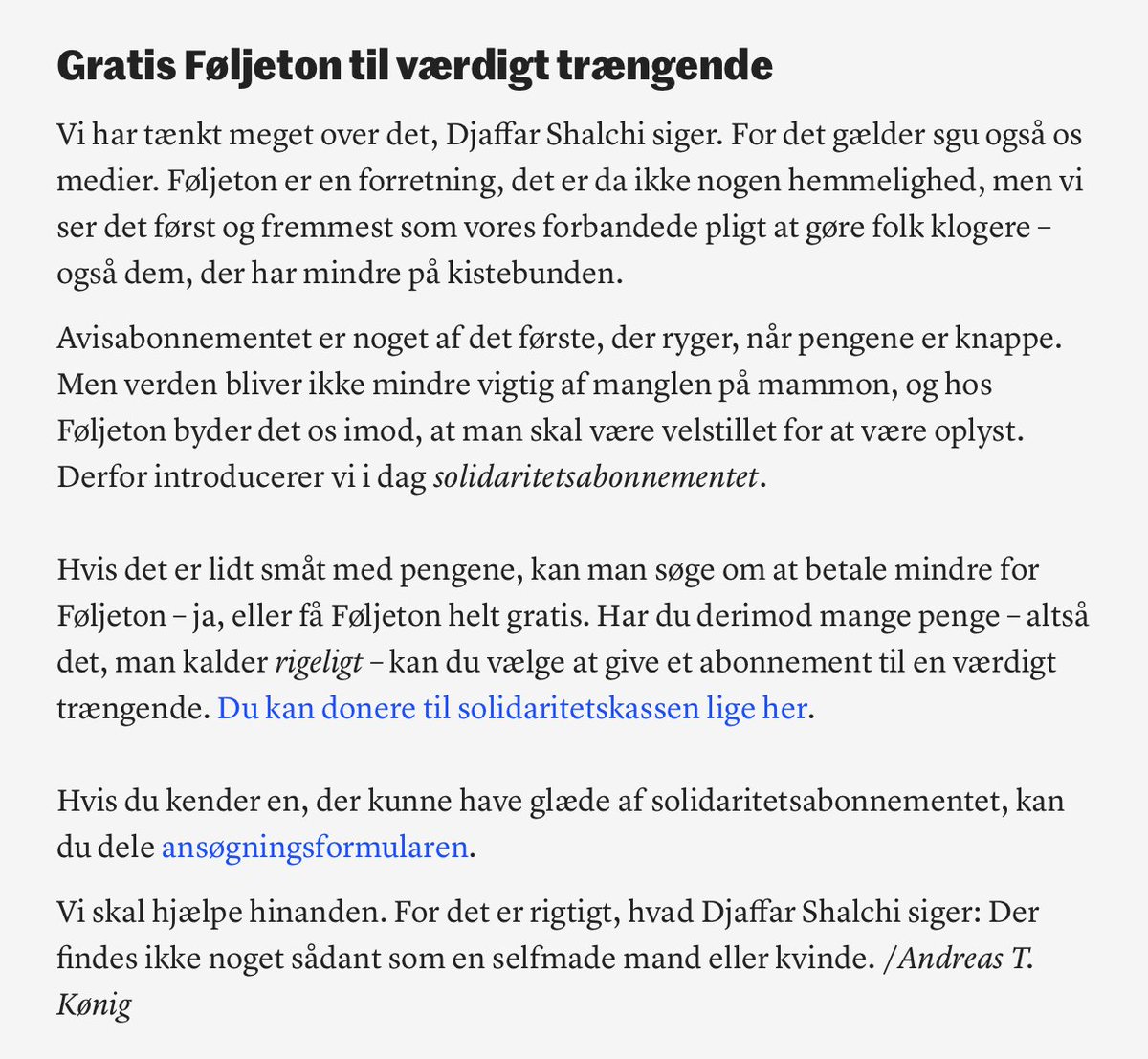 foljetondk's tweet photo. Vi har lavet en solidaritetskasse, så værdigt trængende kan søge om billigere (eller gratis) abonnement på alle vores nyhedsbreve ✊

Man kan donere til kassen her: https://t.co/0YmqAbmPea

Og søge her: https://t.co/IscWAqm5yT https://t.co/CgmU1F3pBi