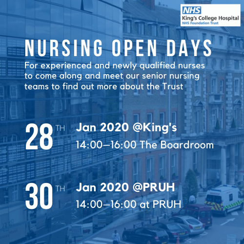 KingsCollegeNHS's tweet photo. Our open days for experienced and newly qualified #nurses 👩⚕️👨⚕️ is around the corner!
29th Jan @ King's
30th Jan @ PRUH
Come along and meet our senior #nursing teams to find out out more about the Trust
#TeamKings #YearoftheNurseandMidwife https://t.co/rxm8yELLx3