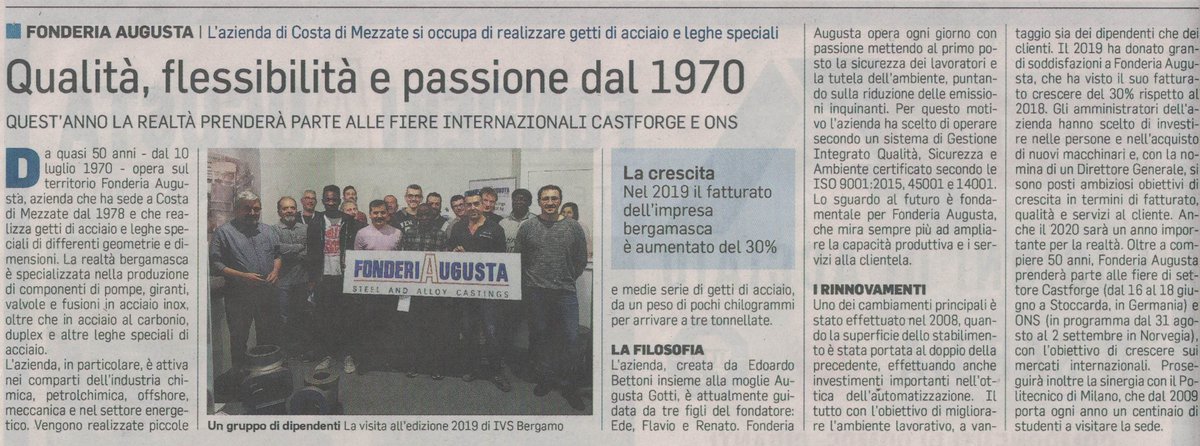 FonderiaAugusta's tweet photo. Oggi sul @Corriere ed. BG nello speciale sulle #fonderie italiane ci siamo anche noi. Si parla del nostro 50° anniversario, e di ciò che ci aspetta nel 2020, inclusi i prossimi appuntamenti in fiera @Castforge 2020 e @ONS_Stavanger #steelmaking #50years #anniversary #celebrate https://t.co/bgfRBS7Q9g