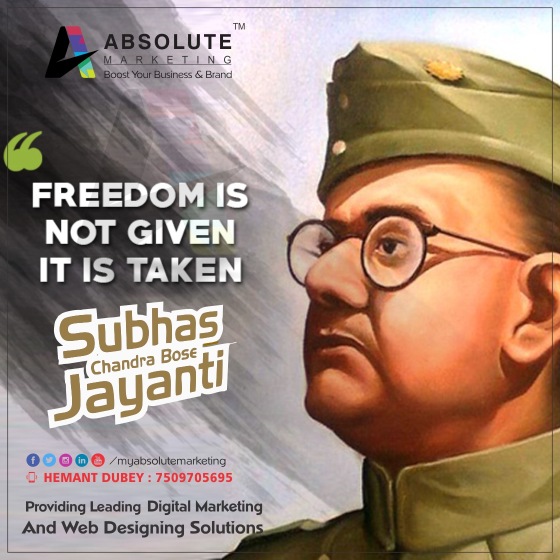 iabsolutemarket's tweet photo. Netaji Subhash Chandra Bose Jayanti !!
#SubhashChandraBoseJayanti
Boost Your Business & Brand
#marketing #and #promotion #solutions #logodesigning
#graphicswork #branding #contentmarketing #businessservice #brandpromotion #digitalmarketing
#absolutemarketing #myabsolutemarketing https://t.co/zg1esr8ru5