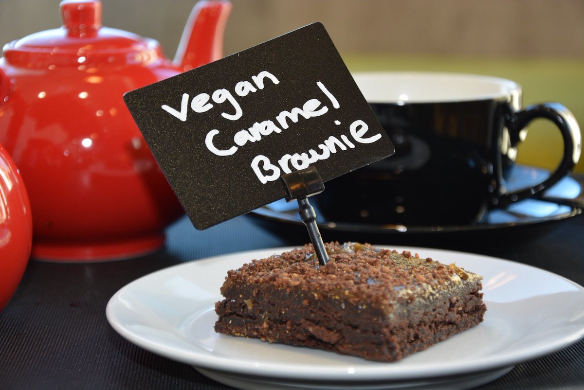 Who says vegan can't also be delicious? Our caramel brownie shows it can!🍰👀It goes perfectly with our roasted veg and hummus sandwich too🥪 #Stockport #Vegan #Veganuary