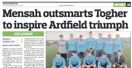 Ger McCarthy (@germccarthy74) on Twitter photo Read my <a href="/westcorkleague/">⚽West Cork League</a> U19 match report from last weekend's <a href="/Ardfieldfc/">Ardfield Fc</a> v <a href="/Togherceltic/">Togher Celtic</a> encounter in this week's <a href="/SouthernStarIRL/">The Southern Star</a>. Read my <a href="/westcorkleague/">⚽West Cork League</a> U19 match report from last weekend's <a href="/Ardfieldfc/">Ardfield Fc</a> v <a href="/Togherceltic/">Togher Celtic</a> encounter in this week's <a href="/SouthernStarIRL/">The Southern Star</a>.