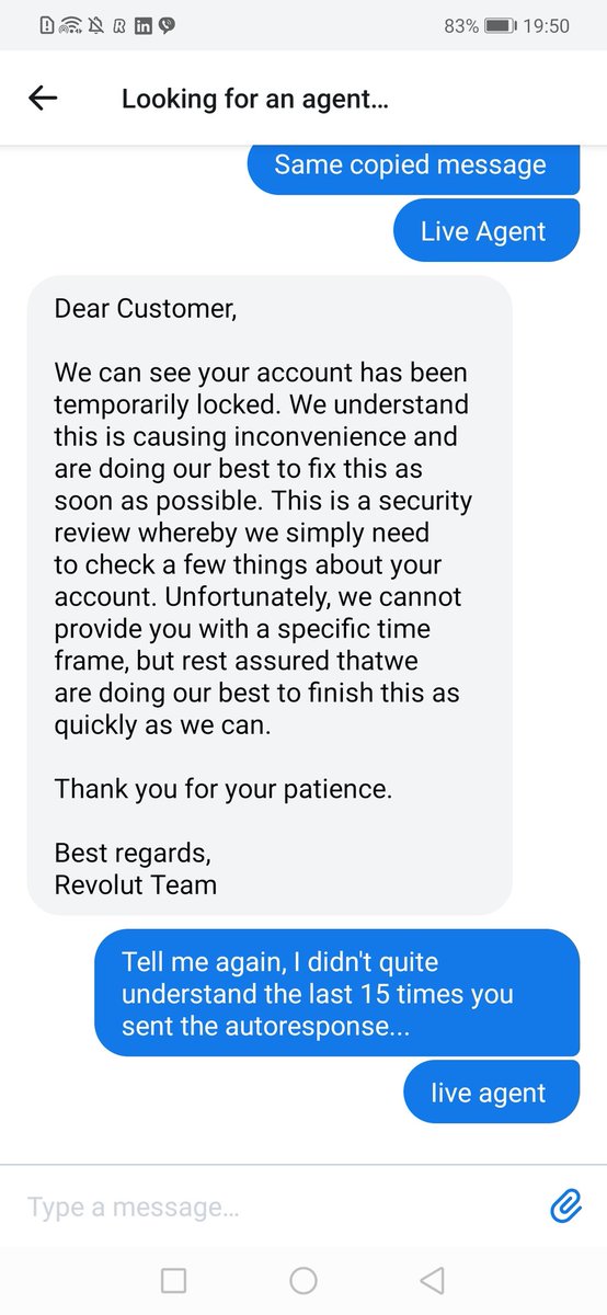 mattimius's tweet photo. @RevolutApp hi guys, me again. I think this is maybe thr 7th time I've had to ask. I still haven't received an update regarding my account. You told me a couple of days ago that they were working on my account "at the minute" and will be in touch. Still not heard anything... https://t.co/jzUturq1e5