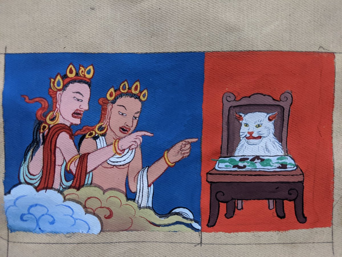 So my uncle Wangchuk is a traditional Tibetan artist and he made this Tibetan thangka version of the cat meme. #Catmeme #WomanYellingAtCat #Tibetan #Thangka #Art