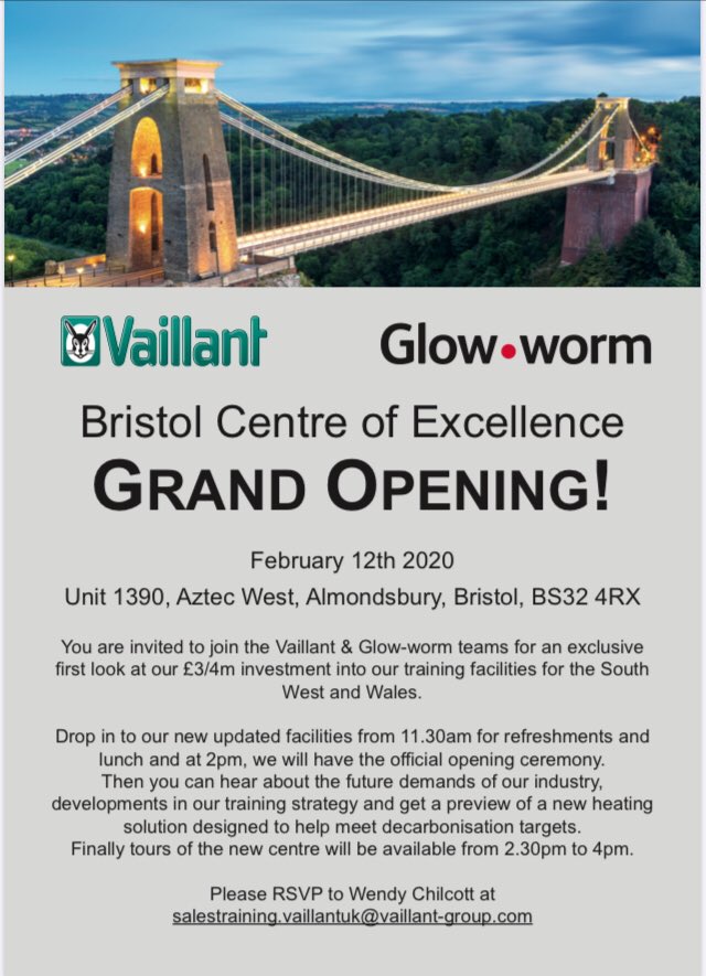 The Bristol Centre of Excellence is reopening on the 12th Feb. 

1st come 1st serve basis !

Please RSVP to Wendy Chilcott at salestraining.vaillantuk@vaillant-group.com @IanB_Vvaillant <a href="/LISA_LDR/">Lisa Vaillant</a> <a href="/Chris_Vaillant/">Chris Stott</a> <a href="/andyh_vaillant/">AndyH Vaillant</a>