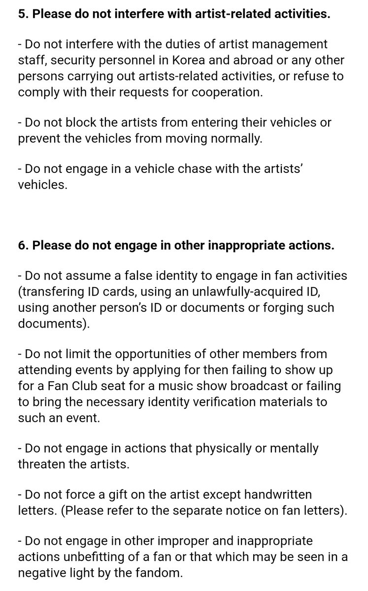 BH posted <a href="/BTS_twt/">방탄소년단</a> Fan Club Etiquette Rules.

1. Don't visit location closed to the public/private space
2. DON'T STALK THE ARTIST
3. DON'T SELL/PURCHASE ARTISTS' PERSONAL INFO
4. Don't take photo/vid/audio except where permitted.
5. Don't interfere with artist-related activities