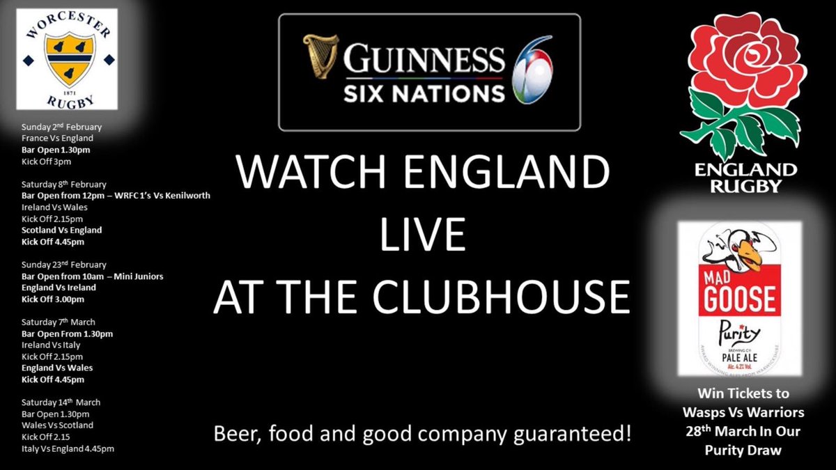 HarkerAj's tweet photo. The Six Nations will soon be here and you can watch every England match at WRFC Clubhouse!! We have teamed up with Purity Brewing Co and will be serving one of their fine locally produced ales at every match shown, where you will have the chance to win prizes!! https://t.co/mR2xjS7PT9