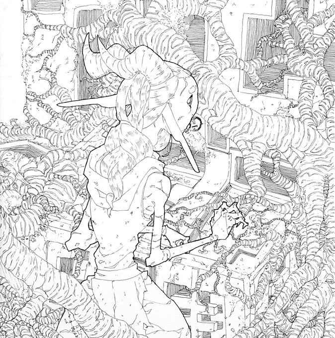 talking to someone as i drew really helped me to overcom my mental barrier for drawing many details. so now look at my boi Demi in some old ruins #art #lineart #pens i wanna try to color it later :D 
