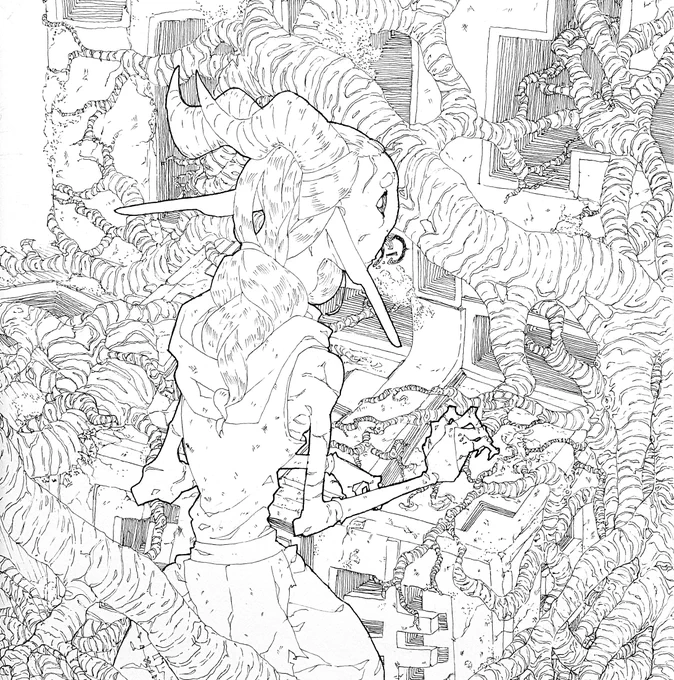 talking to someone as i drew really helped me to overcom my mental barrier for drawing many details. so now look at my boi Demi in some old ruins #art #lineart #pens i wanna try to color it later :D 