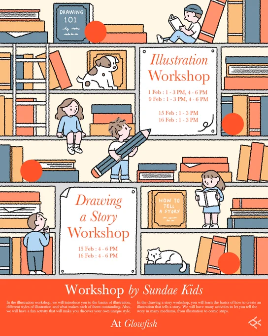 Workshop by Sundae Kids ✏
at Glowfish Offices

Illustration Workshop (2hr)
1 Feb 1-3PM / 4-6PM
9 Feb 1-3PM / 4-6PM
15 Feb 1-3PM
16 Feb 1-3PM

Drawing a story Workshop (2hr)
15 Feb 4-6PM
16 Feb 4-6PM

ราคารอบ/ท่านละ 550 บาท
สำรองที่นั่งได้ที่ https://t.co/dzi0P3fHIE 