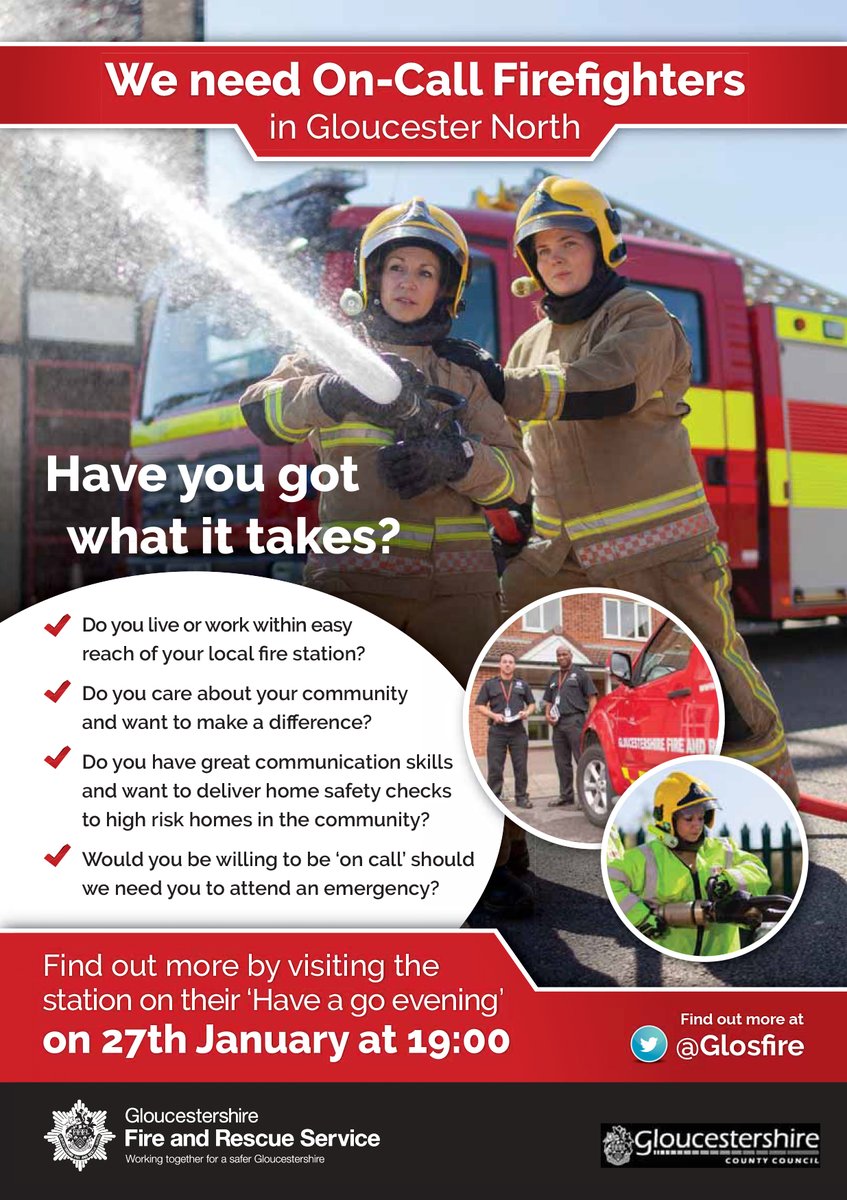 Glosfire's tweet photo. Do you live or work
within easy reach of Gloucester North fire station? Do you care about your local
community and would like to make a difference? Come and find out what it takes
to become an On-Call Firefighter #buildyourfuture #On-Call https://t.co/MlPT2iWVBb
