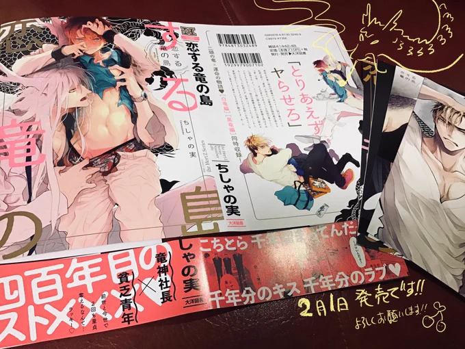 コミックス『恋する竜の島』の色校もいただきましたー!めちゃめちゃカッコいいデザインと素敵な手触りの紙…!とても可愛くしていただきました!嬉しい…😭連載時のカラーページもカラーで入れていただいてるのも嬉しい!2/1発売です🐉 
