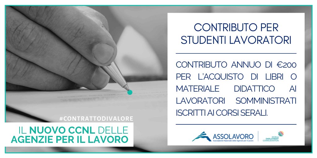 assolavoro's tweet photo. 📢 Il nuovo #CCNL per l'istruzione: confermato il contributo annuo di €200 per libri o materiale didattico per gli studenti lavoratori 📖. Vuoi saperne di più? Leggi il Contratto qui 🔀 https://t.co/BtrCUtsjkl  #ContrattodiValore https://t.co/dEPlsyJ8wO