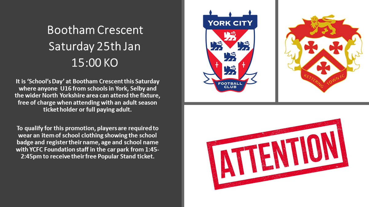 Who Fancies A Free Ticket For This Saturday's   @YorkCityFC Vs @KTFCOfficial Fixture 3pm KO? 

Help us spread the message and support the team! 

@AHSYork @MillthorpeNews @HuntingtonYork @manorceacademy @School_Services @JRowntreeSchool @valeofyorkcomco 

#Schoolsday #Freeticket