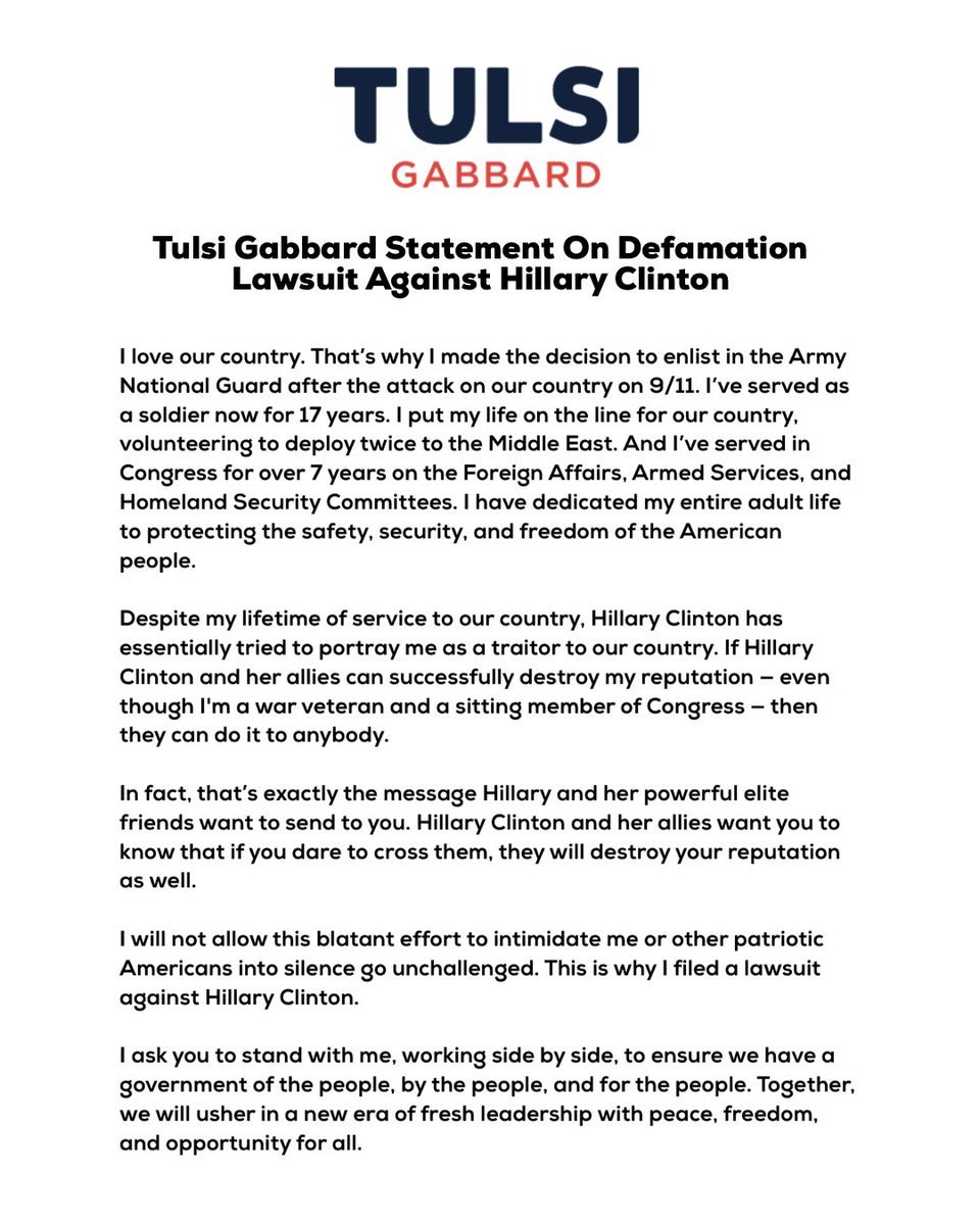 My statement on defamation lawsuit against Hillary Clinton. Tulsi2020.com/lawsuit #StandWithTulsi