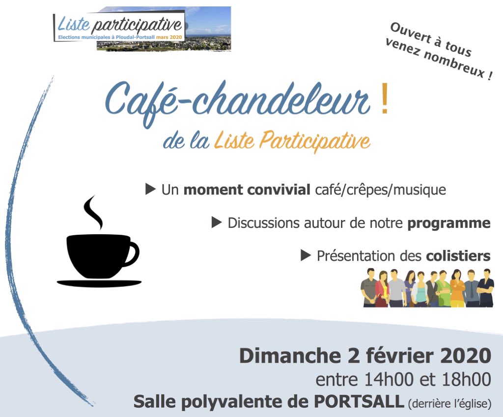 Venez partager un moment convivial avec nous : le « café-chandeleur » de la liste participative.
☕️Autour d’un café, d’une crêpe, vous rencontrerez les candidats de la liste participative et vous pourrez échanger avec eux sur le programme #Municipales2020 #ploudalmezeau #portsall