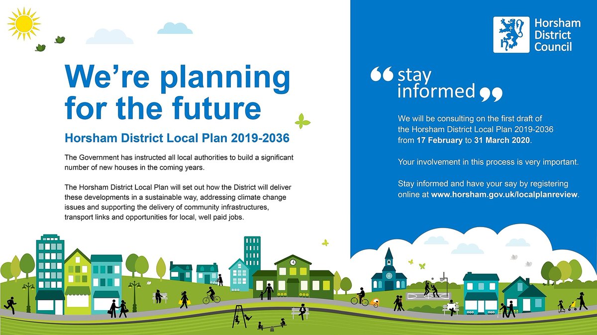 HorshamDC's tweet photo. 📢 Stay informed about the Local Plan 📢

We will be consulting on the first draft of the Horsham District Local Plan 2019-2036 in February-March 2020. Your involvement in this process is very important to us. #HDLocalPlan

Sign up for updates and news 👉 https://t.co/ZI81dcHNju https://t.co/V7UuaCMoXq