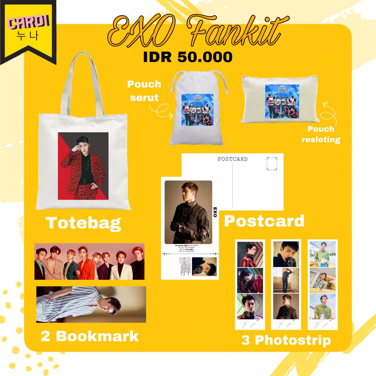 marvelouseoul's tweet photo. [HELP RT]
EXOL Fankit by @Cardinoona 

Hai EXOL kami Open PO Fankit EXO tersedia semua member. Kami melayani request bias💛
you’ll get:
-Totebag
-Pouch resleting atau serut (bisa pilih)
-Photostrip (3)
-Bookmark (2)
-Postcard 

IDR - 50.000

#wts #exo #fankitexo #exofankit
#SEHUN https://t.co/xhwVVLiNy7