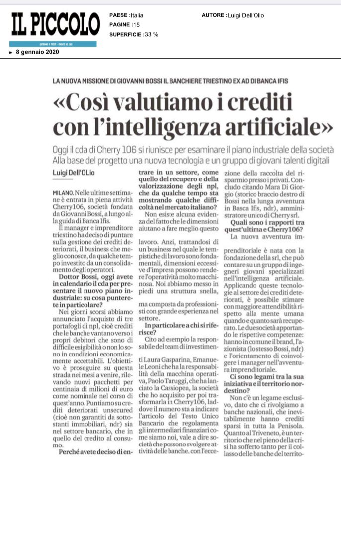 CherryNpl's tweet photo. #portafogli di #npl e #crediti deteriorati valutati dall’intelligenza artificiale non è futuro ma presente! https://t.co/MpczJP0jSA